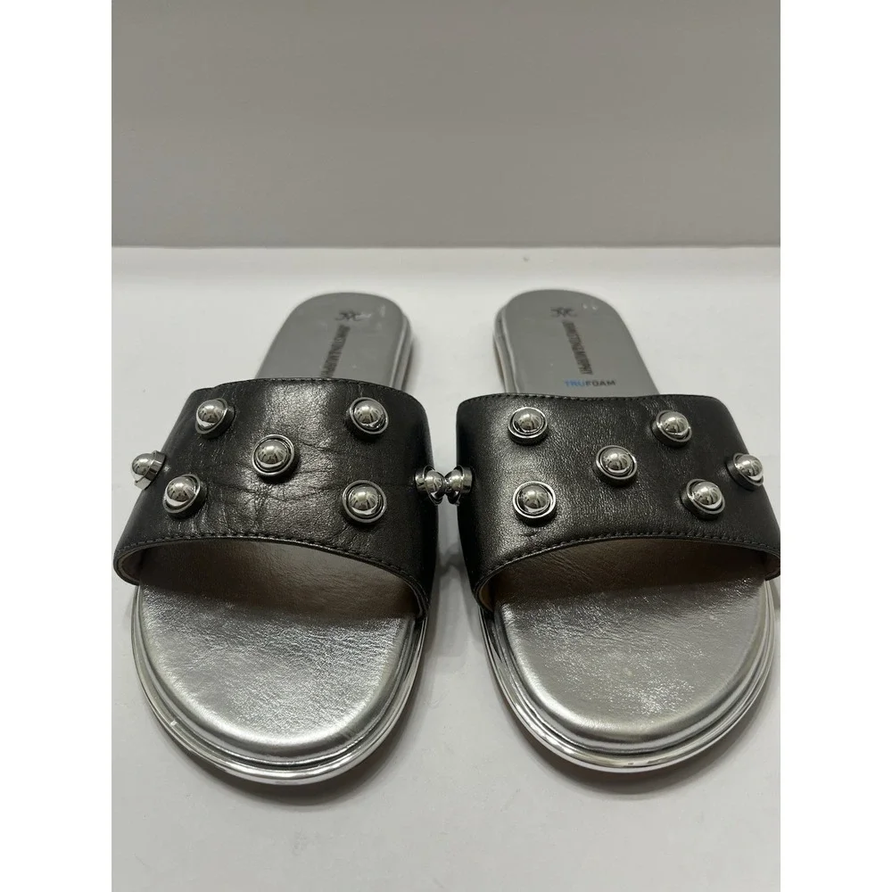 Johnson And Murphy Women's Shayla Slide Sandals Pewter Sheepskin Silver Studs 6